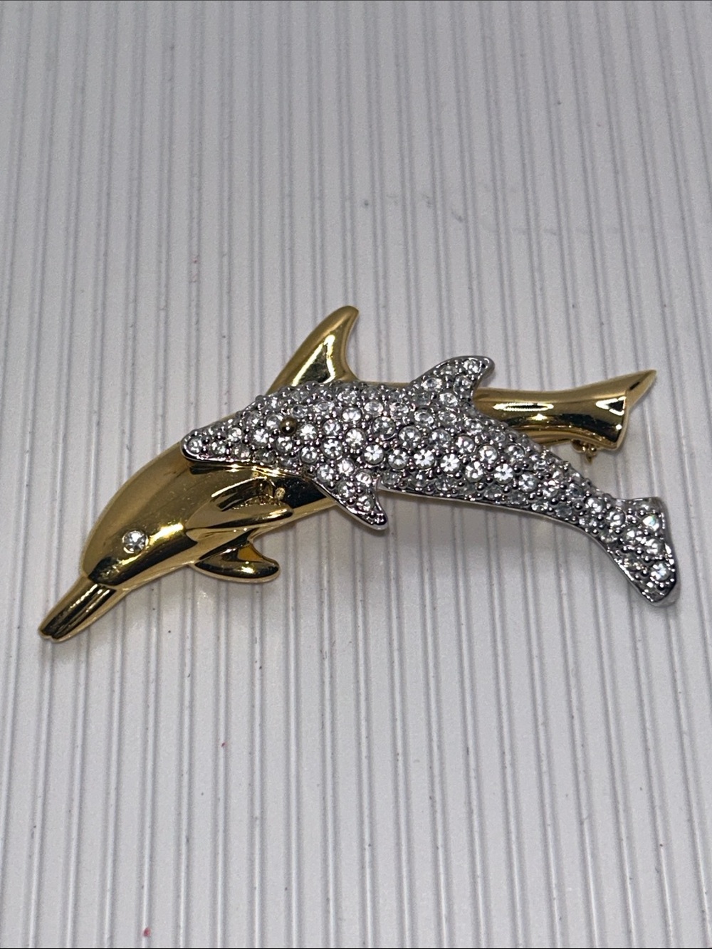 Swarovski Gold & Silver Dolphin Brooch with Clear Crystals